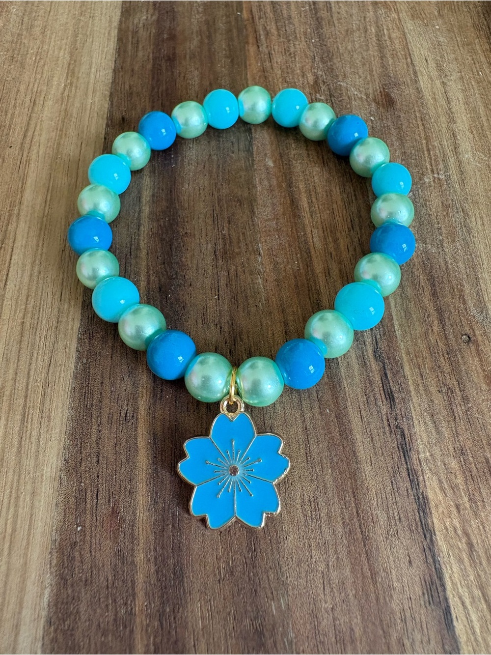 Handmade Blue Beaded Flower Charm Bracelet